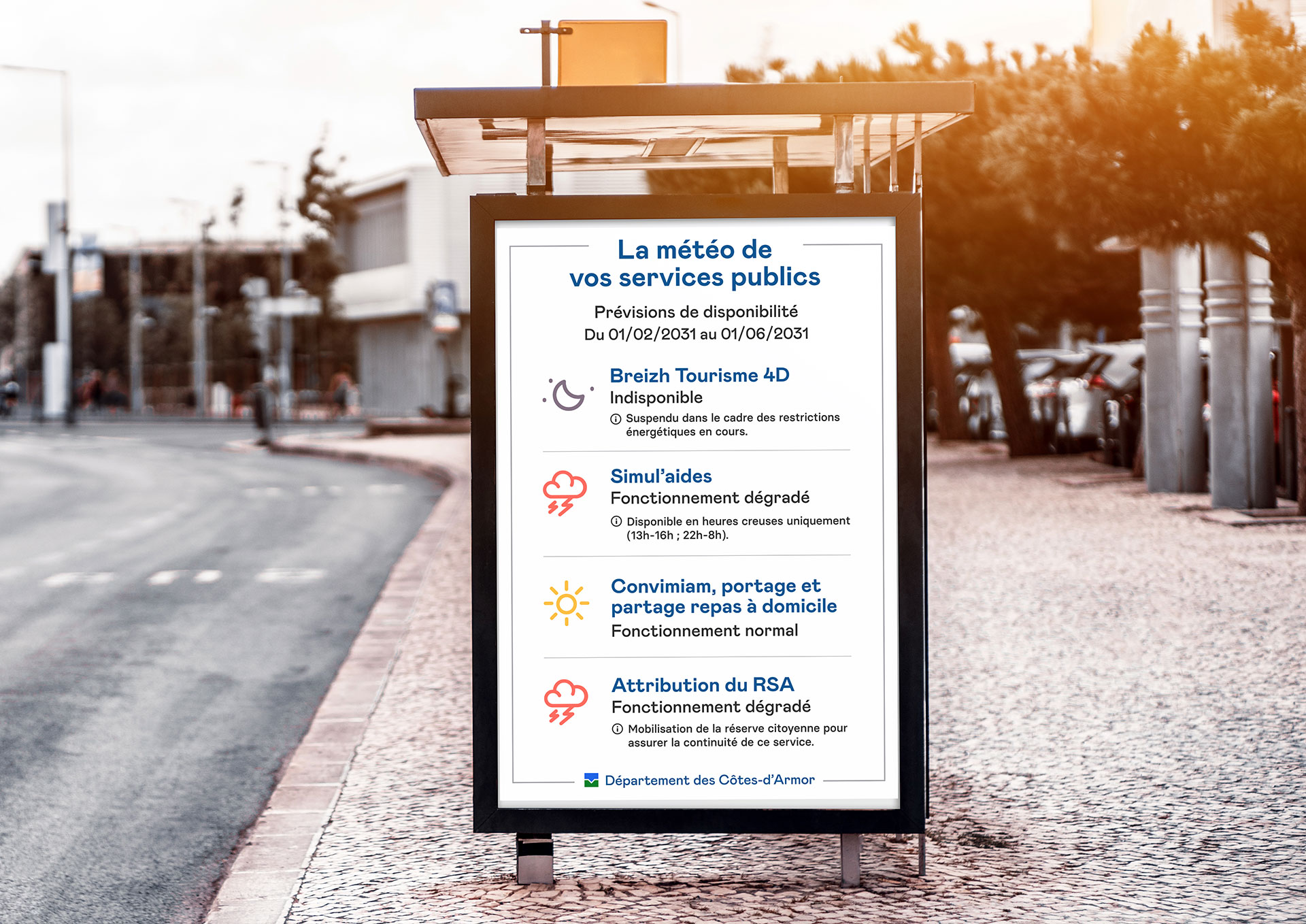 Affichage de la météo des services publics dans l'espace public, selon la disponibilité des services numériques et algorithmes