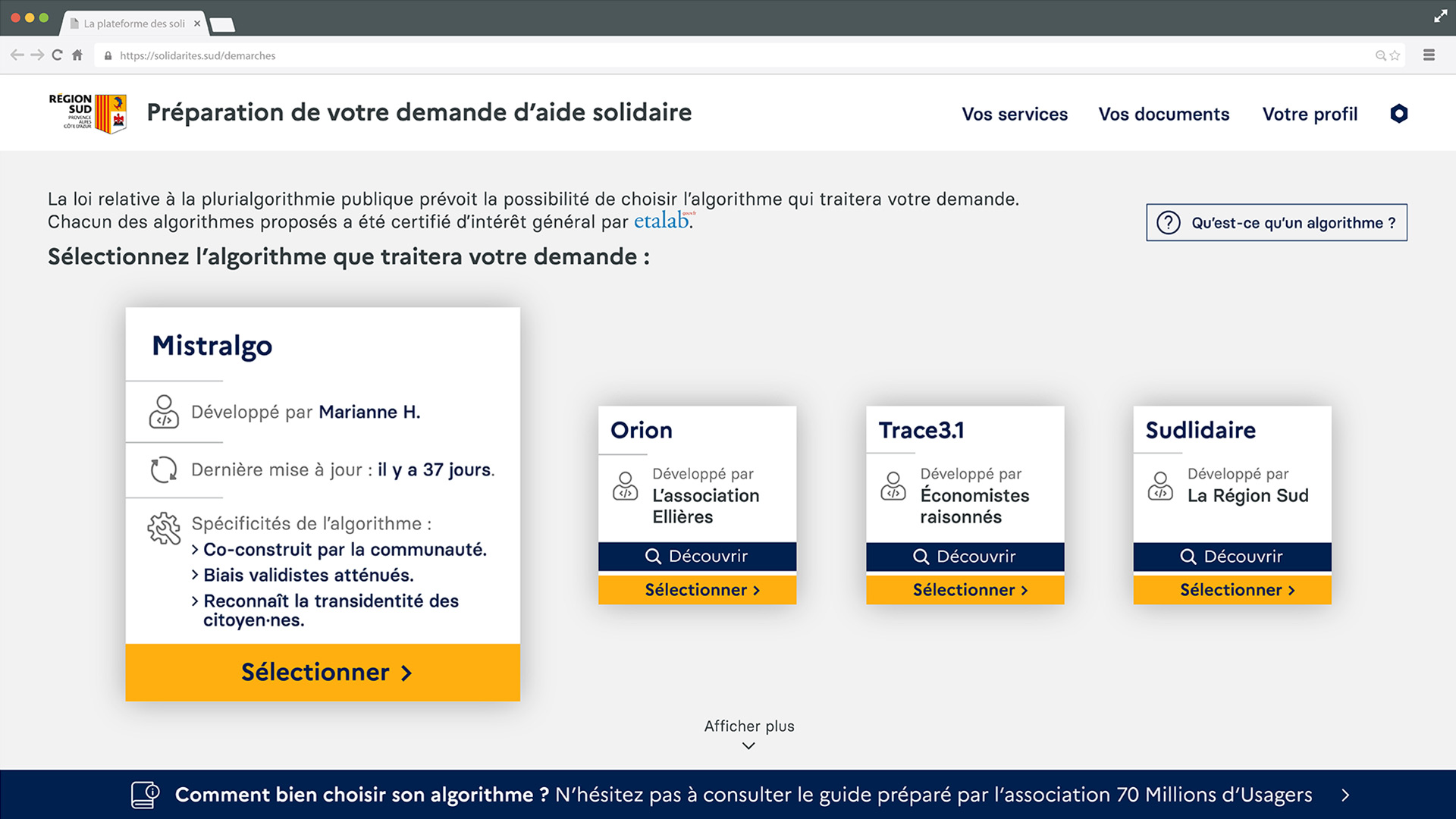Ecran de sélection de l'algorithme qui traitera votre demande d'aide sociale