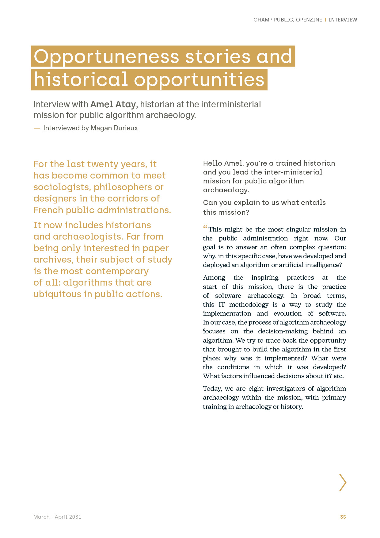 Page of the interview of a public algorithms historian / An accessible and machine-readable version is available at the following link: http://nosalgorithmes.fr/wp-content/uploads/2021/07/NosAlgorithmes-ArchaelogyHistoriography-itw.pdf