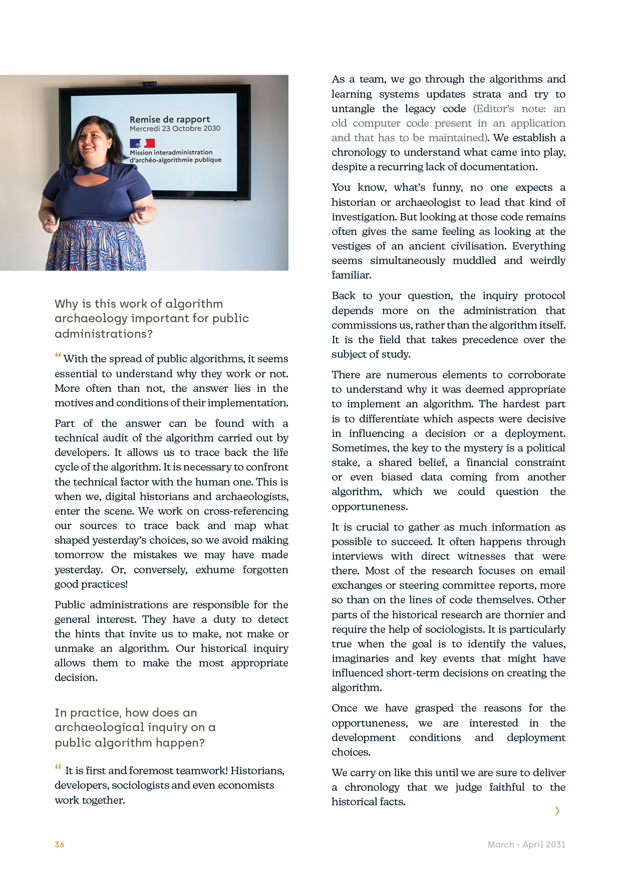 Page of the interview of a public algorithms historian / An accessible and machine-readable version is available at the following link: http://nosalgorithmes.fr/wp-content/uploads/2021/07/NosAlgorithmes-ArchaelogyHistoriography-itw.pdf
