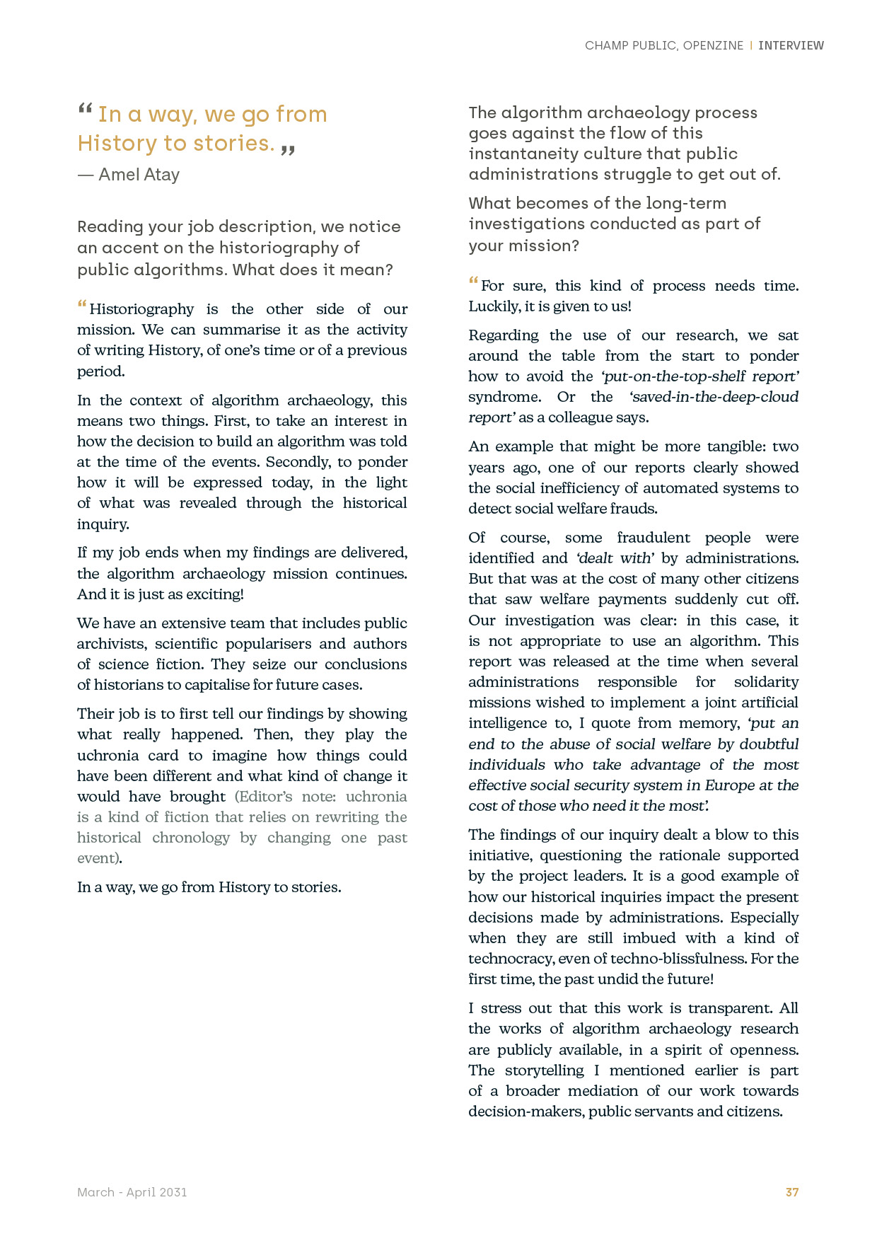 Page of the interview of a public algorithms historian / An accessible and machine-readable version is available at the following link: http://nosalgorithmes.fr/wp-content/uploads/2021/07/NosAlgorithmes-ArchaelogyHistoriography-itw.pdf