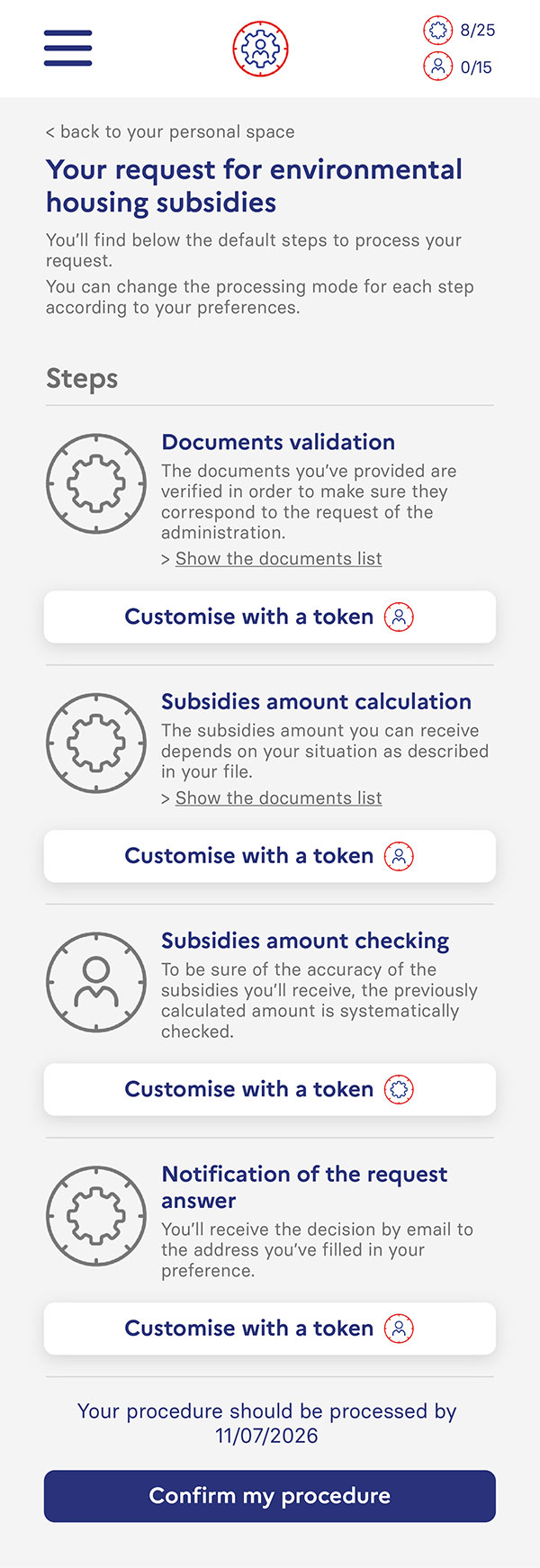 Setup screen for an administrative procedure, suggesting to assign human and machine tokens at each step of the procedure