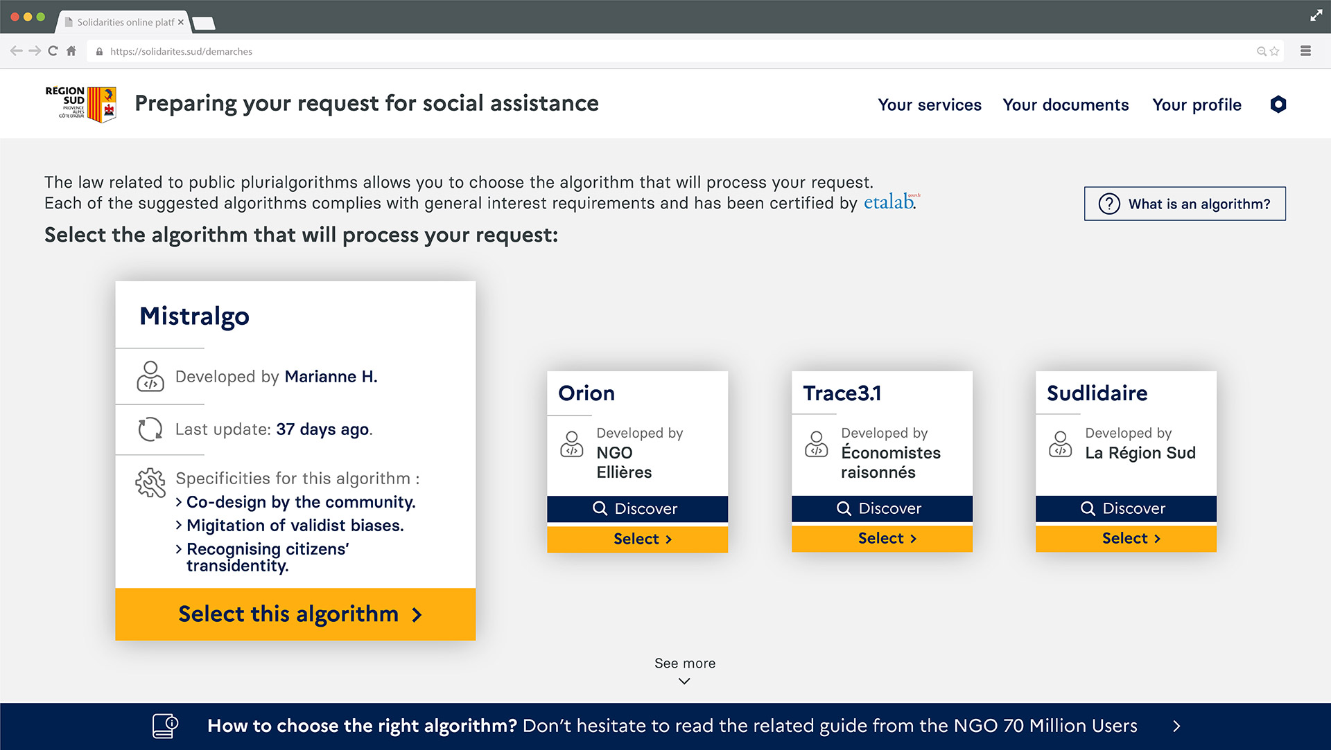 The selection screen for the algorithm that will process a request for social aid